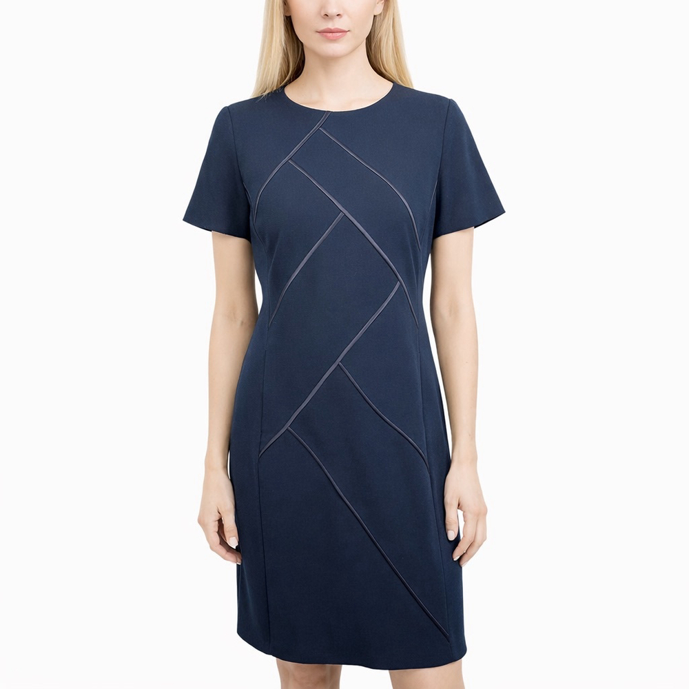 Lafayette 148 New York Henora Navy Short Sleeve Dress A-Line Wool Classic Size M